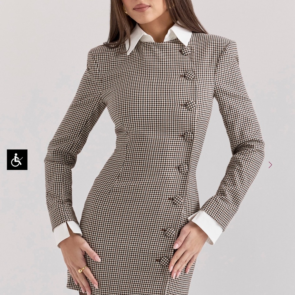 House of CB White and Brown Sheath Mini Dress with Cuffed Sleeves